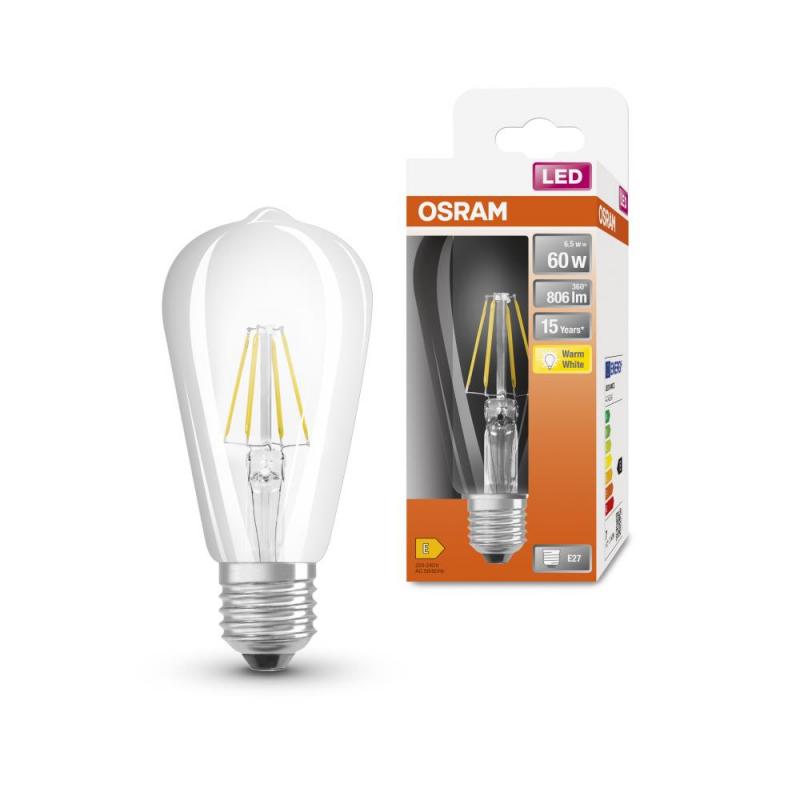 OSRAM E27 Dekorative kolbenförmige Filament LED 6,5W wie 60W warmweiß klar